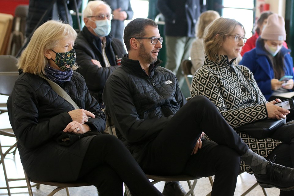 Heather Houston (from left), David Pineau and Pam Caland listen to details behind the City of Thunder Bay's successful bid to host the 2024 Ontario Winter Games. (Leith Dunick, tbnewswatch.com)