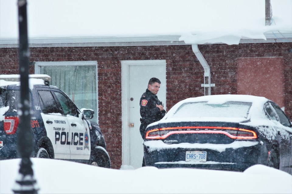 Thunder Bay police continued to hold the scene at the Kingsway Inn on Tuesday after a Marten Falls man's body was discovered there on Dec. 24. (Ian Kaufman, TBnewswatch)