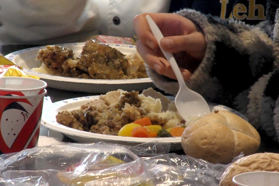 A free turkey dinner with all the trimmings was provided in a festive Christmas atmosphere