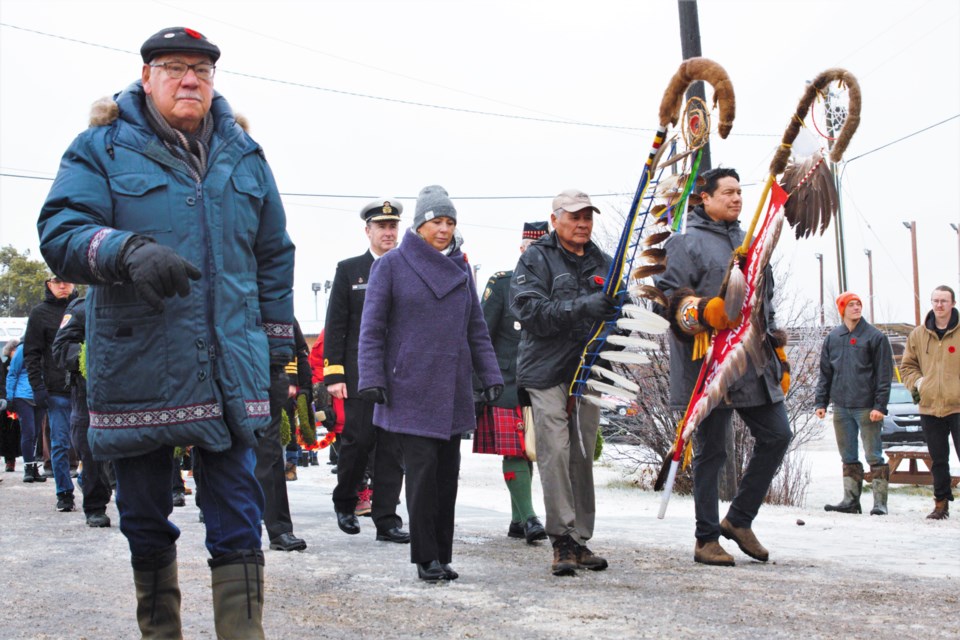 About 150 people attended a Remembrance Day ceremony held on Anemki Wajiw, also known as Mount McKay, on Friday. (Ian Kaufman, TBnewswatch)