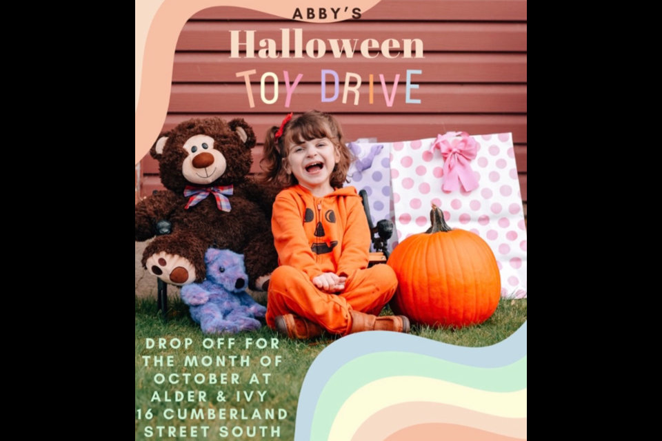 Abby's Toy Drive for the paediatric unit at TBRHSC runs until Oct. 29. Donations may be dropped off at Alder & Ivy at 16 Cumberland St. S.