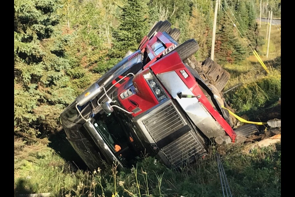 The driver of this tractor-trailer sustained neck injuries when the vehicle left the roadway and overturned on Sept. 10, 2022 (submitted photo)