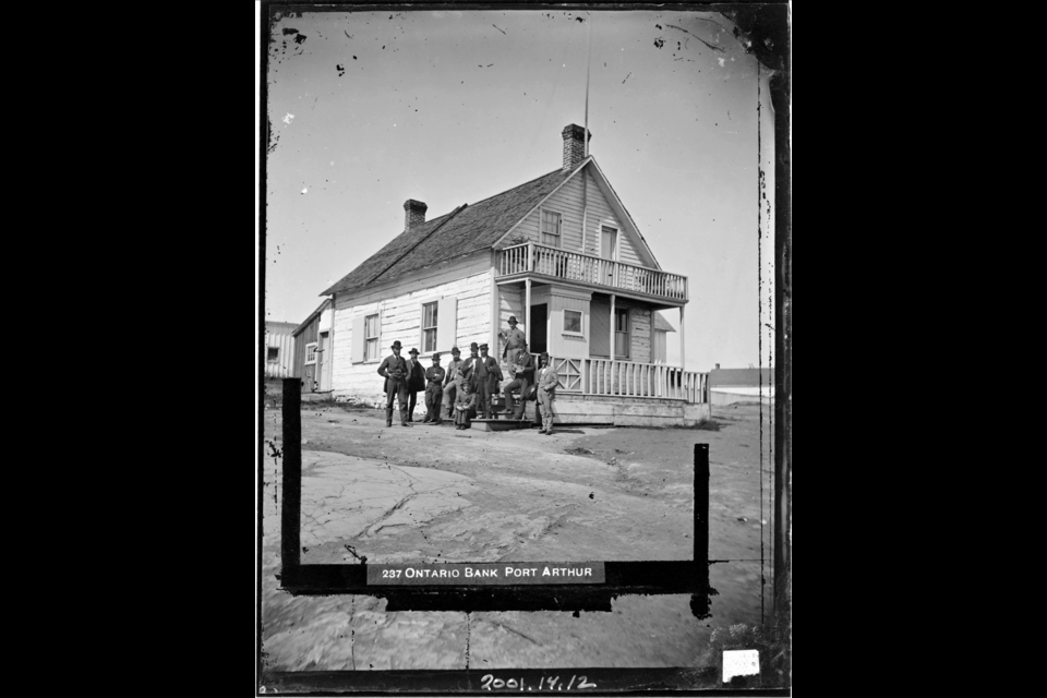 This is a photo of the Ontario Bank, taken in the late 1870s, the first banking institution at Prince Arthur's Landing. It was moved from the foot of what is now Red River Road to Bendell Street, a few blocks north (Thunder Bay Museum photo)