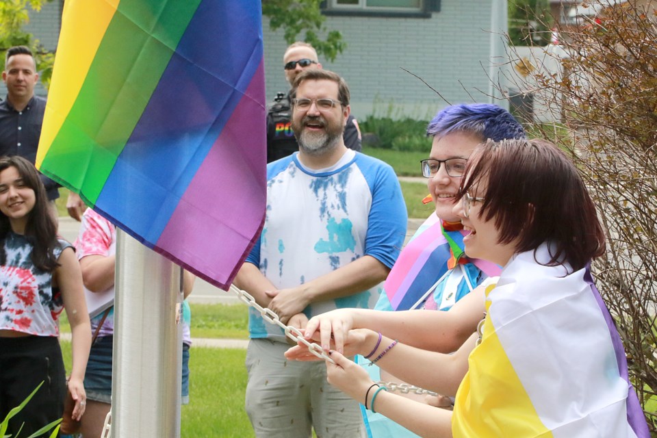 A Pride flag is raised on Friday, June 9, 2023 outside the Thunder Bay Catholic District School Board office. (Leith Dunick, tbnewswatch.com)