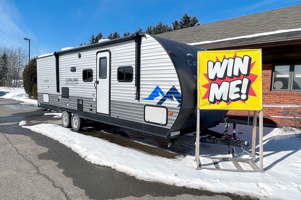 The outside of the 26-foot Coachman Catalina Summit Series 261BHS Bunkhouse travel trailer, the top prize in the 2023 Spring into Summer Draw. (Leith Dunick, tbnewswatch.com)