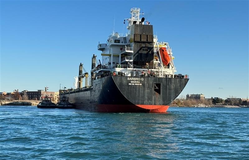 The ocean freighter Barbro G got stuck in the Detroit River on Nov. 2, 2023 (US Coast Guard/X)