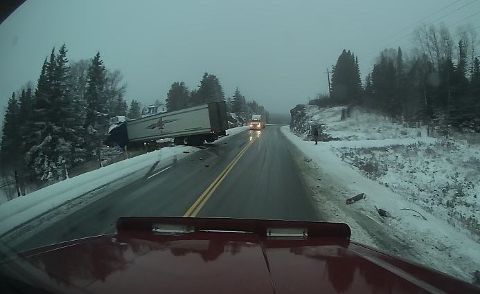 A collision on Highway 102 on Wed. Nov. 8, 2023 saw a tractor-trailer leave the road near Mud Lake Road (Skilled Truckers Canada/Facebook)