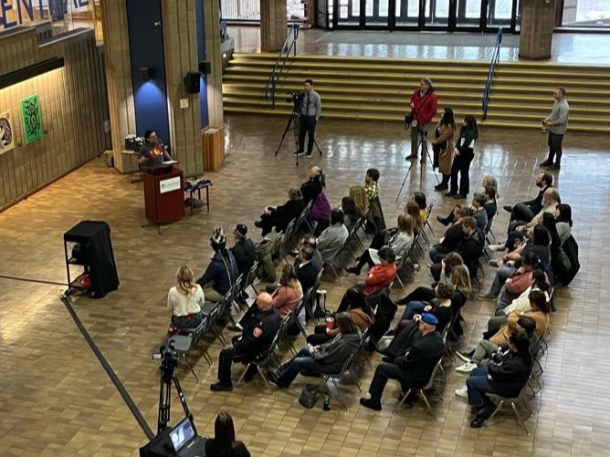 Higher shot of the attendance for the National Indigenous Veterans Day ceremony at Lakehead University on Wednesday, November 8, 2023