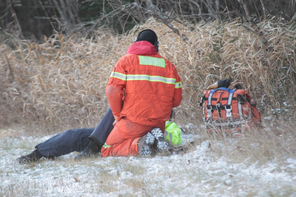 One of two RCAF search and rescue jumpers treated an acting casualty during the training exercise.