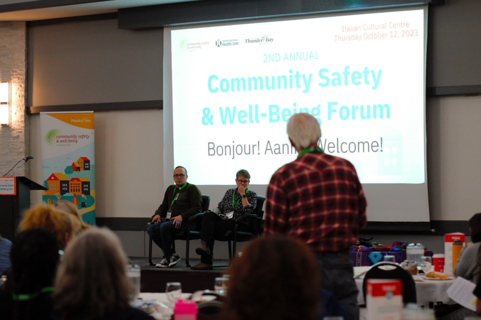 Panelists Christopher Mushquash and Diane Walker take questions during the Community Safety & Well-Being Forum on Thursday. 