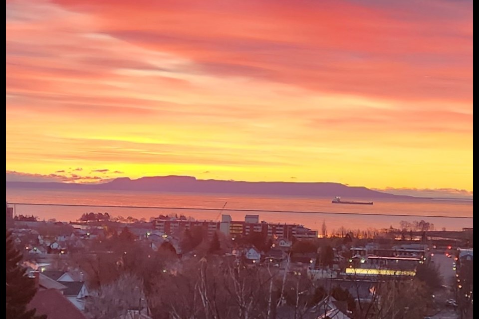 November 1 dawned with a fiery sky over Thunder Bay's Sleeping Giant (TBnewswatch)