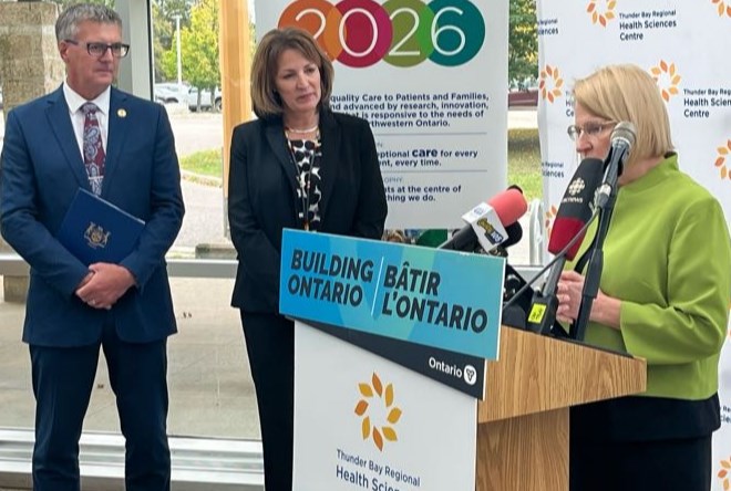 Deputy Premier and Minister of Health Sylvia Jones addressing the media alongside, from the left, Thunder Bay-Atikokan MPP Kevin Holland and TBRHSC CEO Rhonda Crocker-Ellacott on Thursday, October 5, 2023 