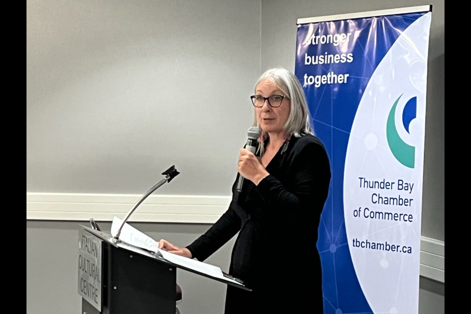 Thunder Bay-Superior North MP Patty Hajdu addressing the Chamber luncheon on September 6, 2023. Hajdu also serves as the Minister of Indigenous Services and the Minister responsible for FedNOR