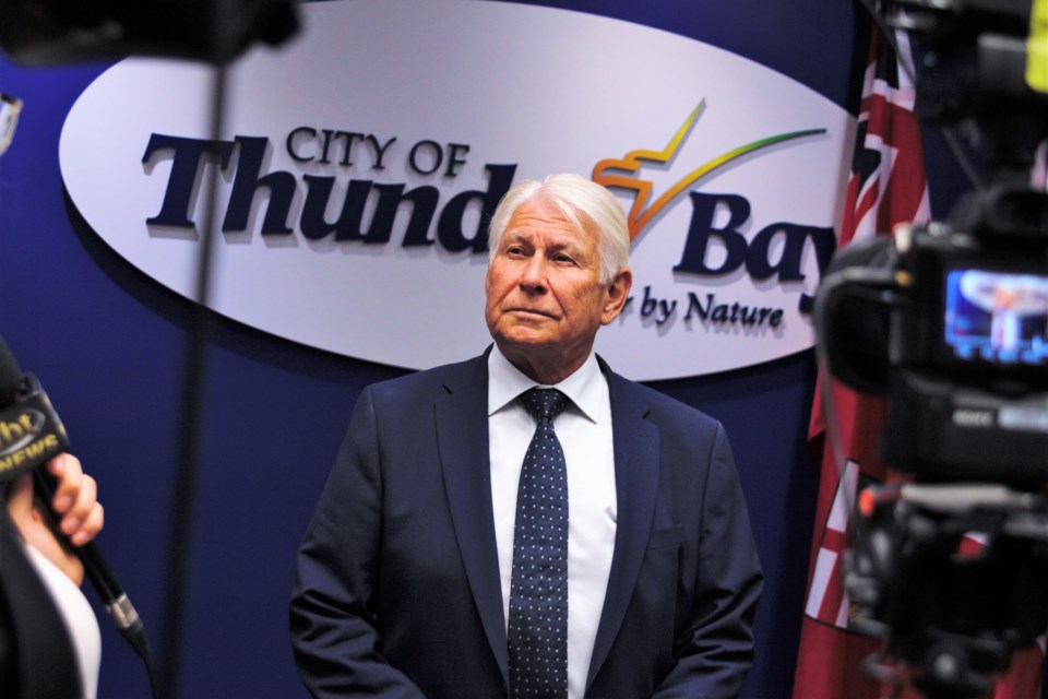 Mayor Ken Boshcoff took questions over his intention to seek strong mayor powers at a press conference at city hall on Wednesday. (Ian Kaufman, TBnewswatch)