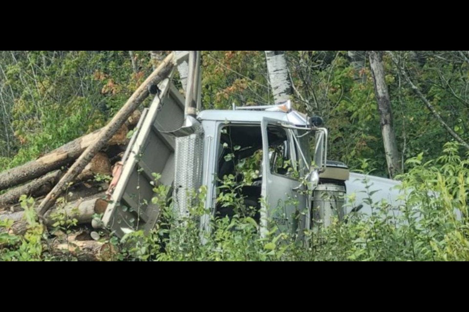 A logging truck went out of control and knocked down a utility pole on Chippewa Road (Skilled Truckers Canada / Facebook)