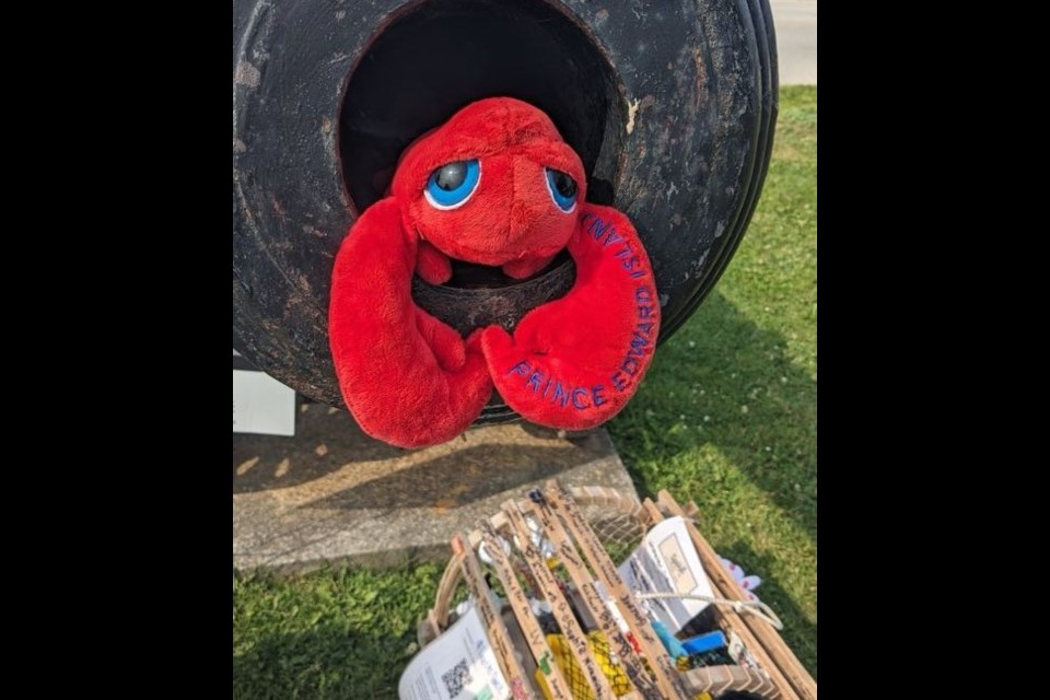 Lucky the stuffed toy lobster (shown here resting in a tire)  is hitchiking in a full-size lobster trap from PEI to Alberta (submitted photo)