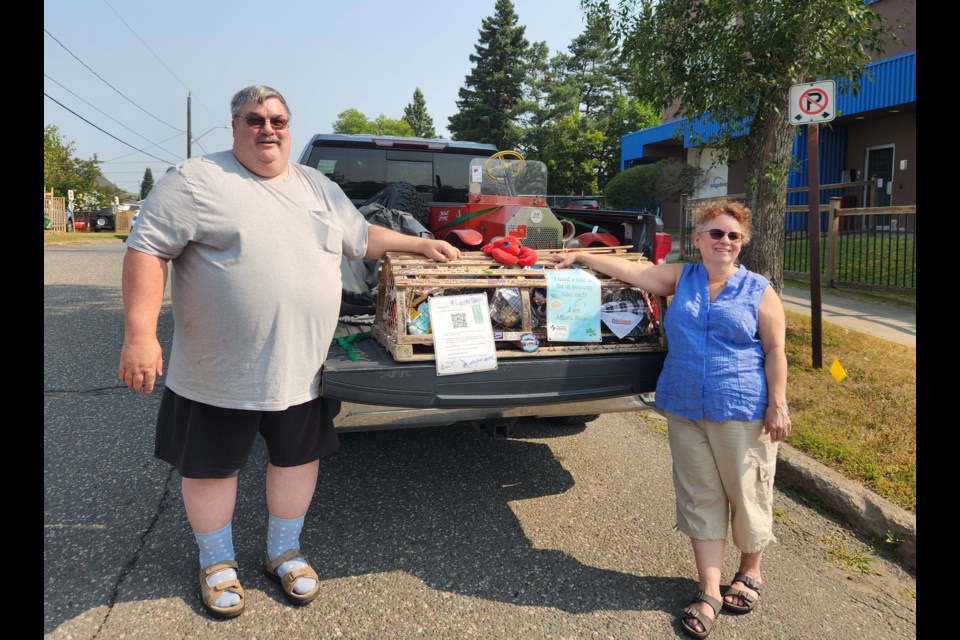 George and Annette Froy volunteered to drive Lucky, a stuffed toy lobster, and a lobster trap from Thunder Bay to Winnipeg (TBnewswatch photo)