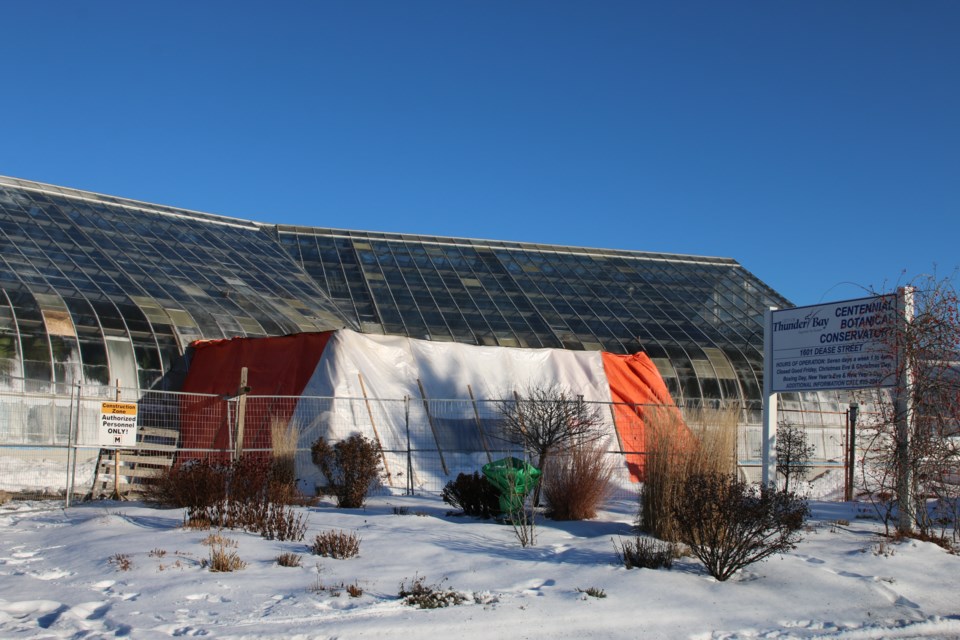 The City of Thunder Bay’s Centennial Botanical Conservatory has renovations underway on Dec. 20. The front entryway is closed and under construction for now.