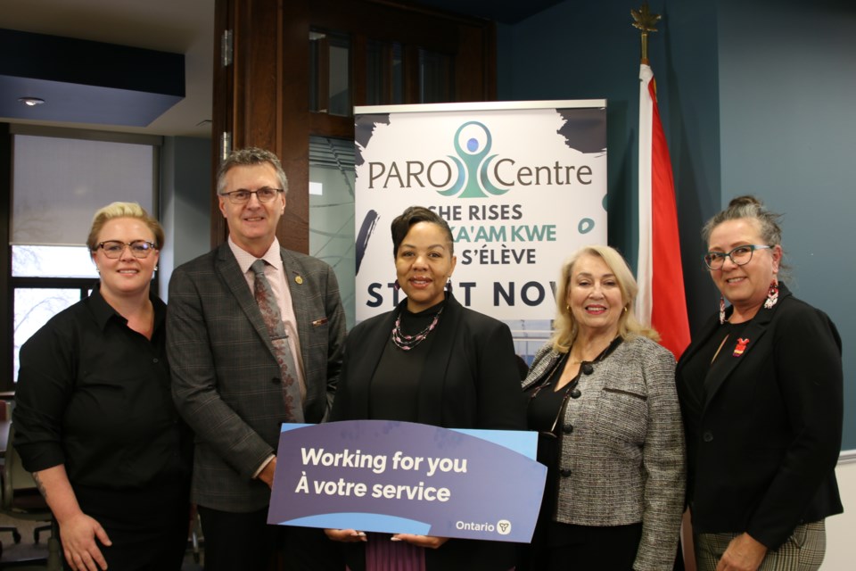 Melissa Cook, the program manager at PARO Centre for Women’s Enterprise; Kevin Holland, the MPP of Thunder Bay—Atikokan; Charmaine Williams, Associate Minister of Women’s Social and Economic Opportunity; Rosalind Lockyer, the CEO of the PARO Centre for Women’s Enterprise, and Denise Atkinson, the founder of Tea Horse and Tipi Horse Connects, left to right, speak on $1.24 million investment to support the PARO Centre for Women’s Enterprise’s PAROBiz program on Jan. 13. 