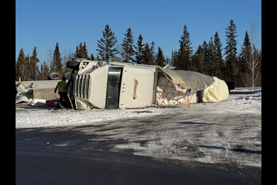 A transport truck overturned on the Canadian side of the Pigeon River border crossing. Dec. 5, 2024.