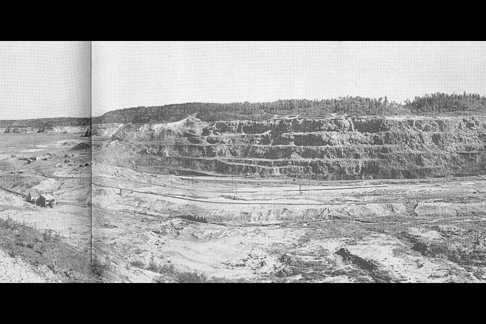 This photo published in 1949 shows Steep Rock Lake after it was pumped out to allow access to ore deposits under the lakebed (Life Magazine/Atikokanhistory.org)