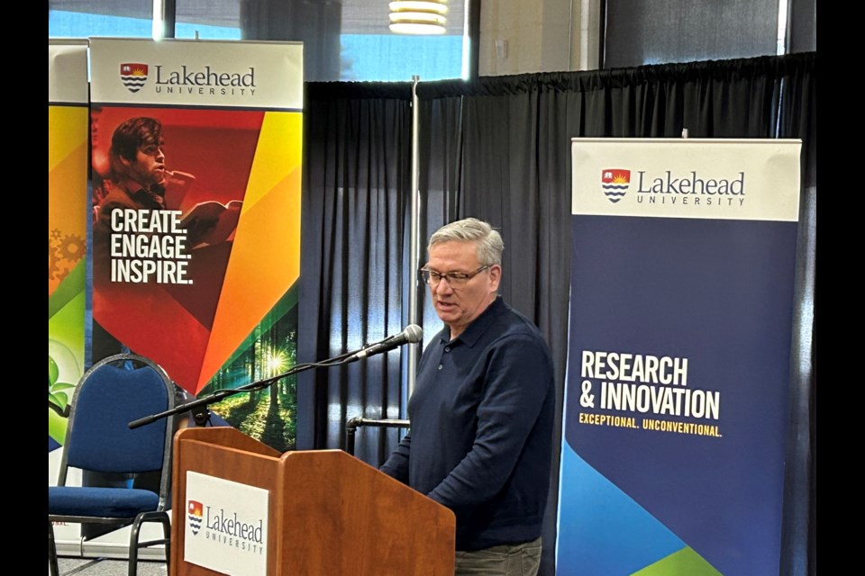 Associate Professor Paul Cormier addressing the Research and Innovation Week festivities at Lakehead University on Wednesday, February 28, 2024