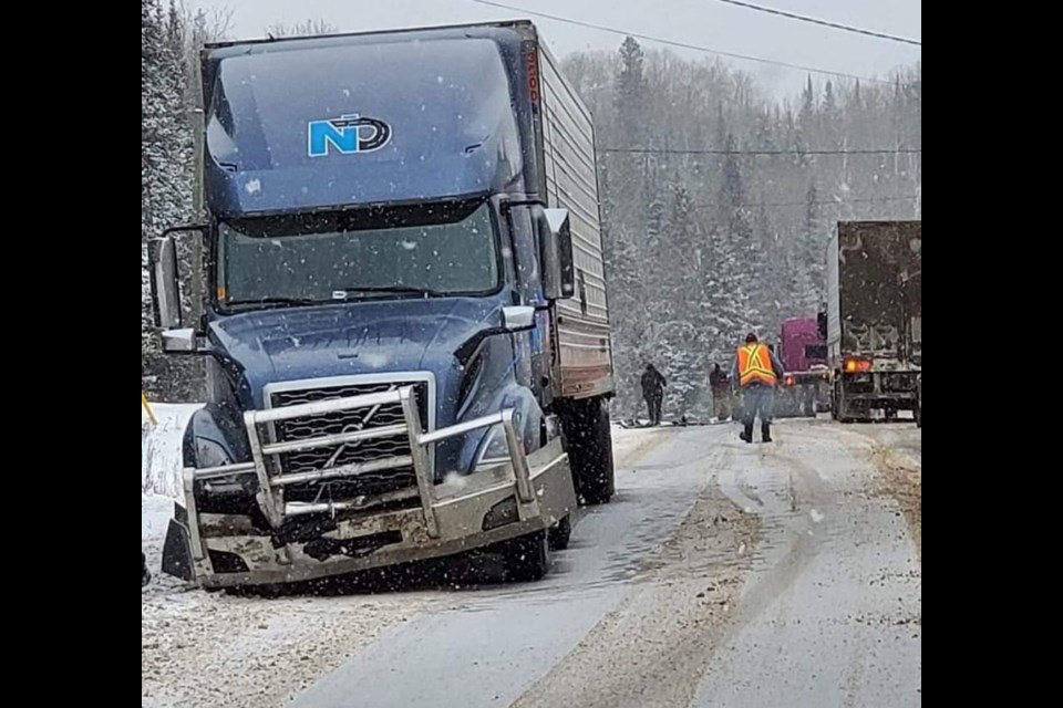 A transport truck sustained significant damage after a head-on collision on Jan. 6, 2024 with an SUV on Highway 102 (Skilled Truckers Canada/Facebook)