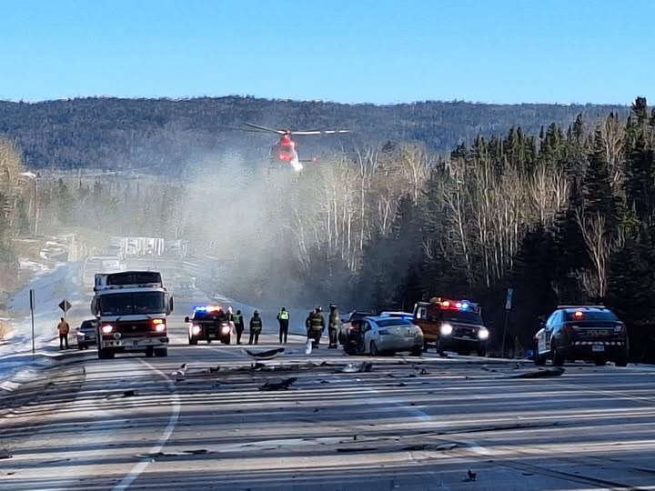 OPP say two transport trucks and a passenger vehicle were involved in a collision on Jan. 7, 2025 about 60 km east of Nipigon on Highway 17 (Schreiber Fire Dept/Facebook)