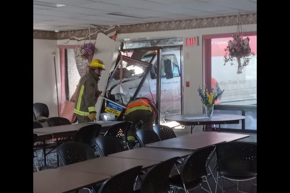 A rented moving truck went out of control and smashed into a common room at Clark Towers on Regent St. on Jan. 28, 2024 (Raphael Moses/Facebook photos)