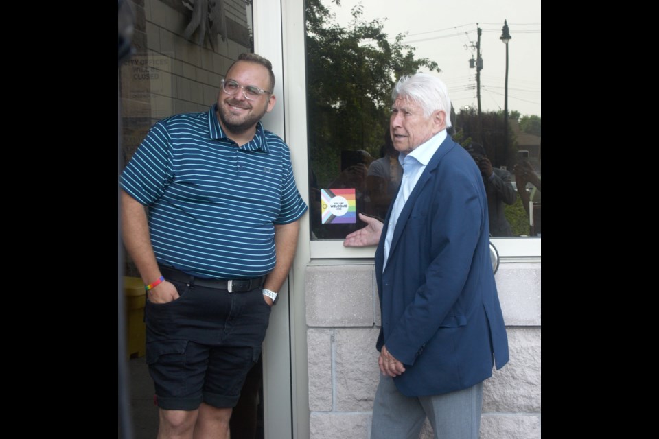 Jason Veltri, left, with Mayor Ken Boshcoff at the announcement outside city hall on Wednesday, July 31.