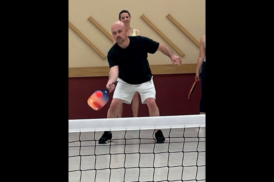 Steve Seguin hits a return at one of many clinics run by the Thunder Bay Pickleball Club. (Submitted)