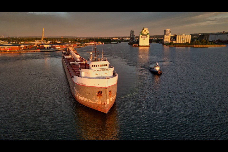 The Michipicoten was escorted out of Thunder Bay harbour on June 20, 2024 by the tug Glenada (Michael Hull photo)