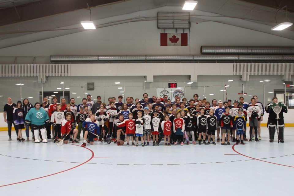 Group photo of all players and coaches at Thunder Bay Lacrosse League