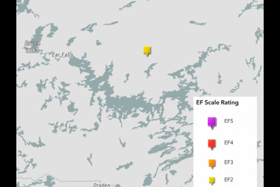 The Northern Tornadoes Project at Western University says a tornado that occurred east of Ear Falls and north of Lac Seul on June 4 had an estimated wind speed of 190 km/h (NTP map)