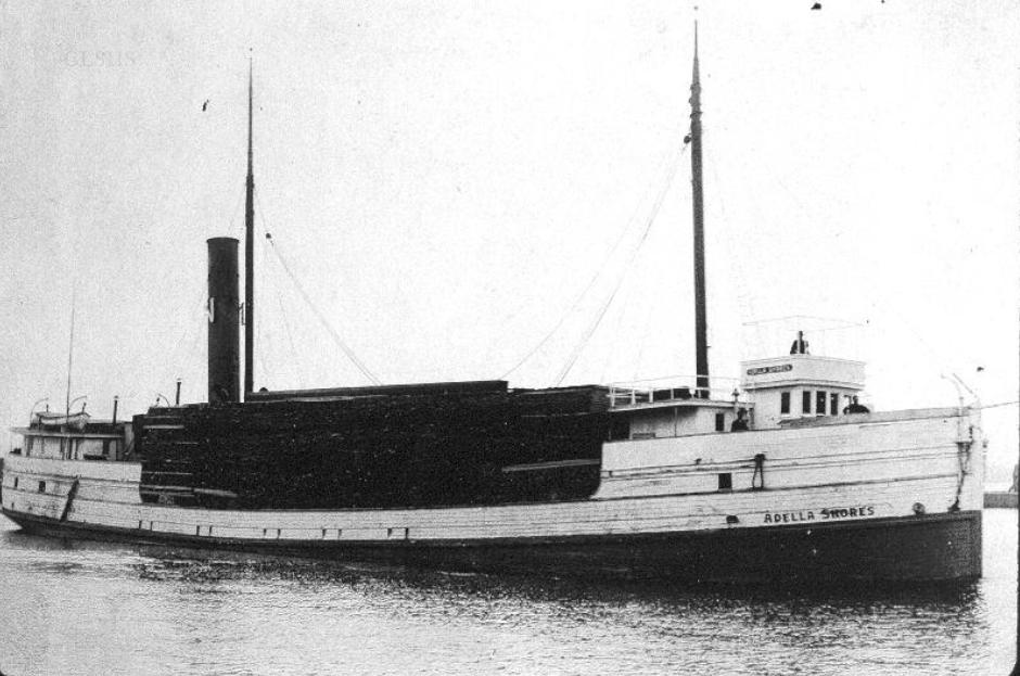 This photo shows the Adella Shores underway with a cargo of lumber (Great Lakes Shipwreck Historical Society)