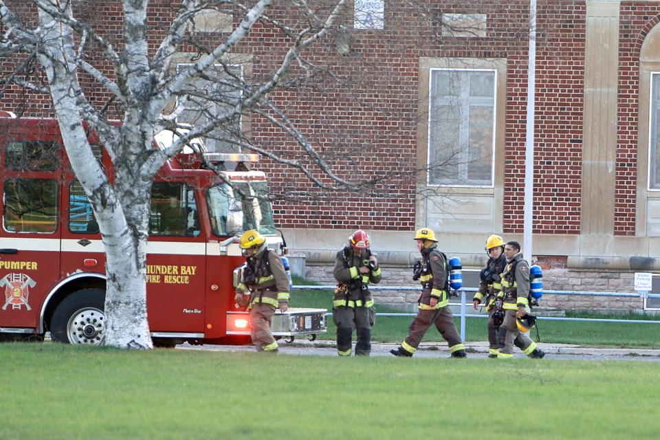 Firefighters on Monday, May 13, 2024 respond to a report of smoke at the former Lakehead Psychiatric Hospital. (Leith Dunick, tbnewswatch.com)