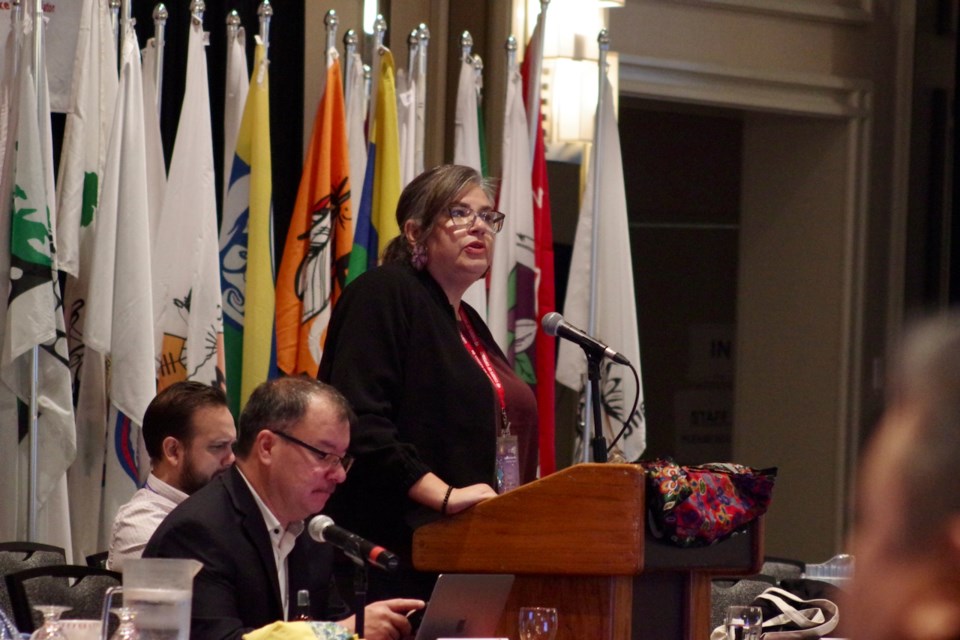 Temagami Chief Shelly Moore-Frappier, who moved the resolution calling for the establishment of a 2SLGBTQQIA+ Council, speaks during the Chiefs of Ontario Fall Chiefs Assembly, held Nov. 19-21 at the Valhalla Hotel and Conference Centre in Thunder Bay.