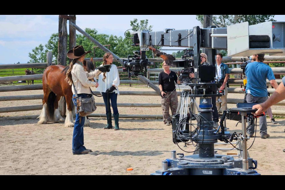 Jenn Salo, in the centre of this photo and wearing a black shirt, watches as a trained hawk approaches during production of a scene for an episode of Heartland (submitted photo)