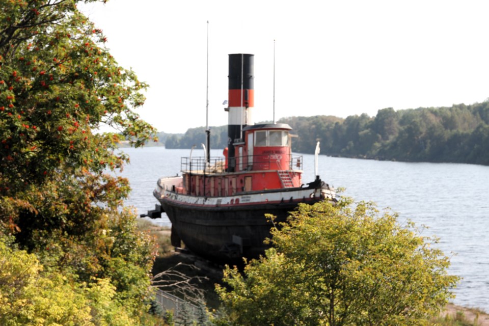 The James Whalen Tugboat in drydock near the James Street swing bridge in Westfort.