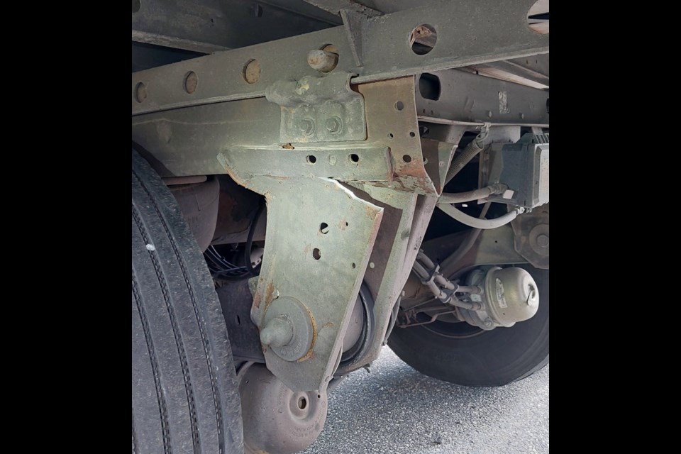 OPP officers were concerned about a major defect near a rear axle on a transport truck in the Nipigon area (OPP photo)