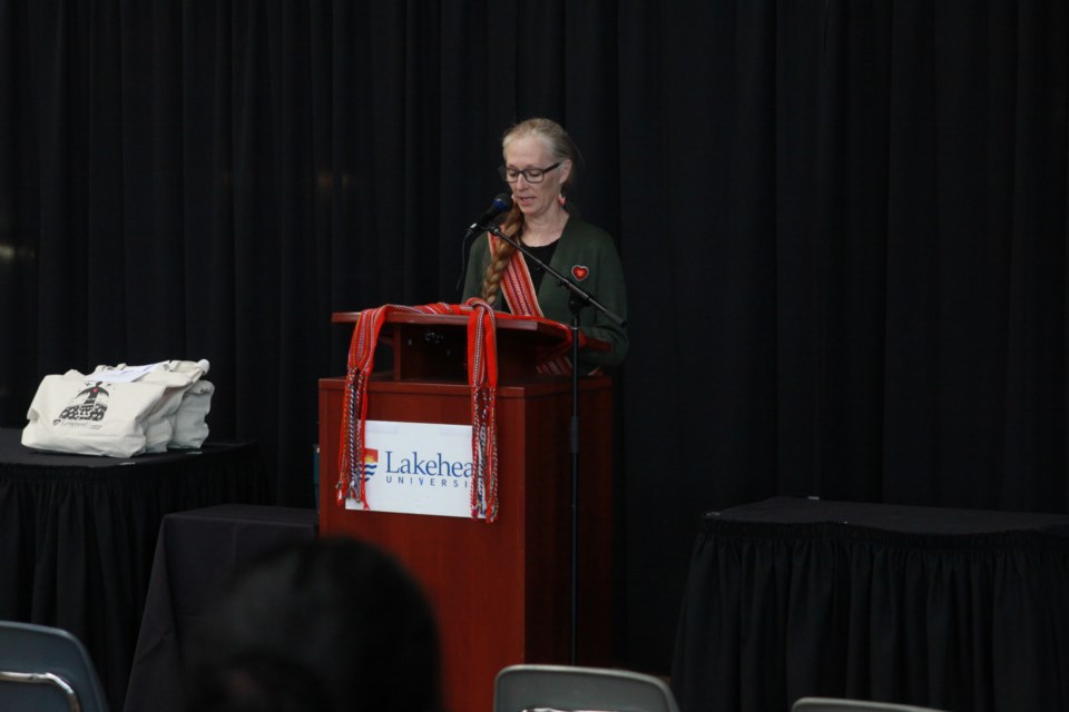 Wendy Houston, president of the Thunder Bay and District Métis Council, speaking at the celebration of Powley Day on Sept. 19.