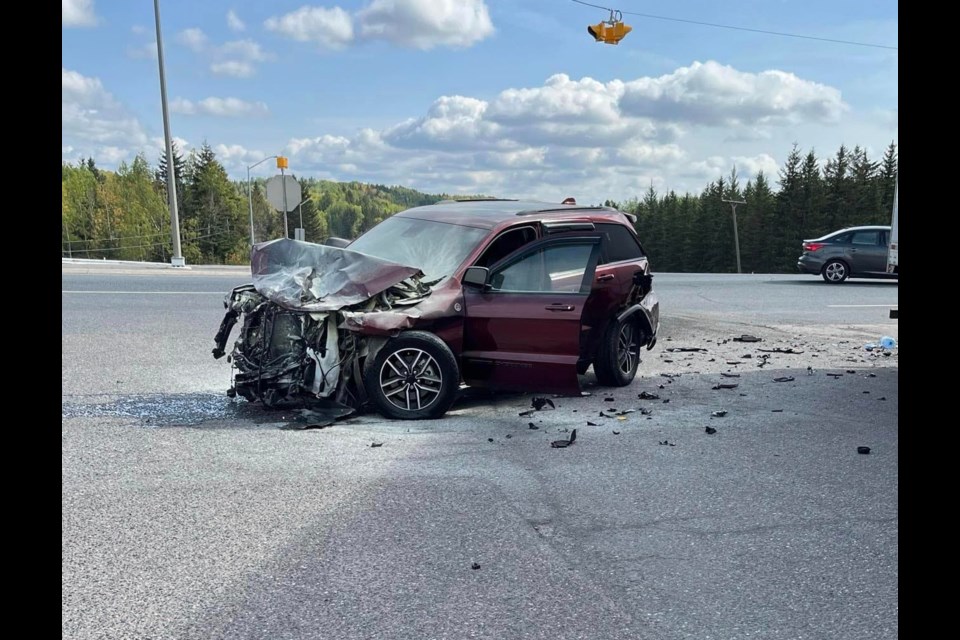 An SUV was damaged beyond repair after a collision with a transport truck at Sistonen's Corner on Sept. 16, 2024 (Skilled Truckers Canada/Facebook) 