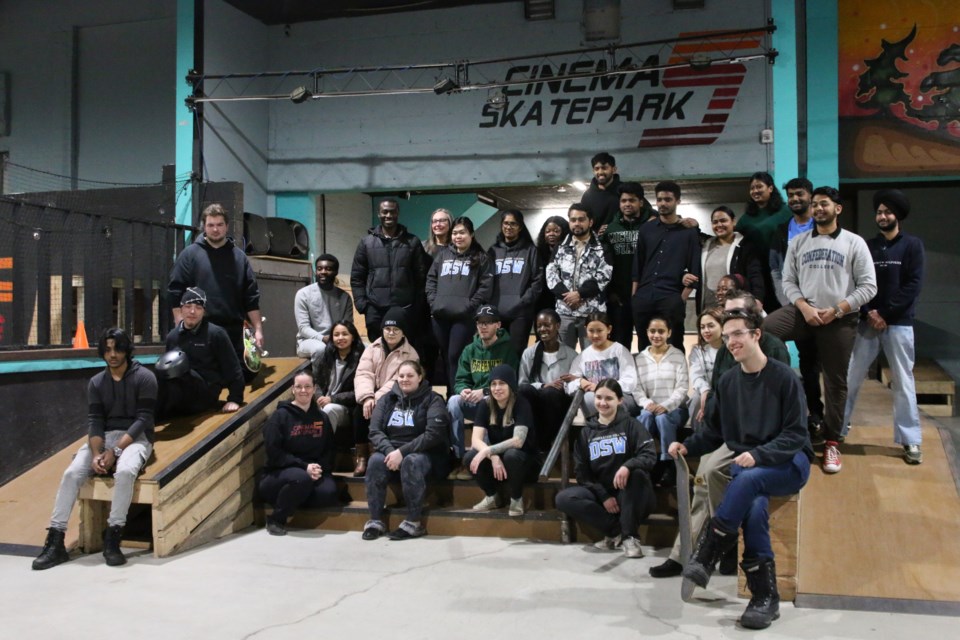 Confederation College's Developmental Service Worker (DSW) and the Aerospace Manufacturing Engineering Technology (AMET) programs come together before demonstrating and testing prototype adaptive devices at Cinema 5 Skatepark on Feb. 25.