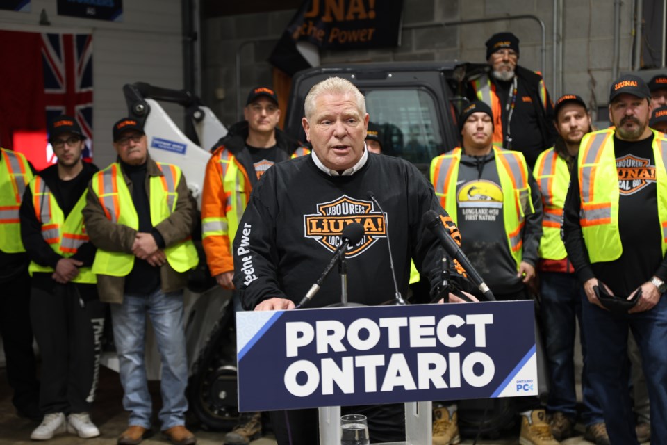 Ontario Progressive Conservative leader Doug Ford at a campaign stop in Thunder Bay on Feb. 22, 2025.