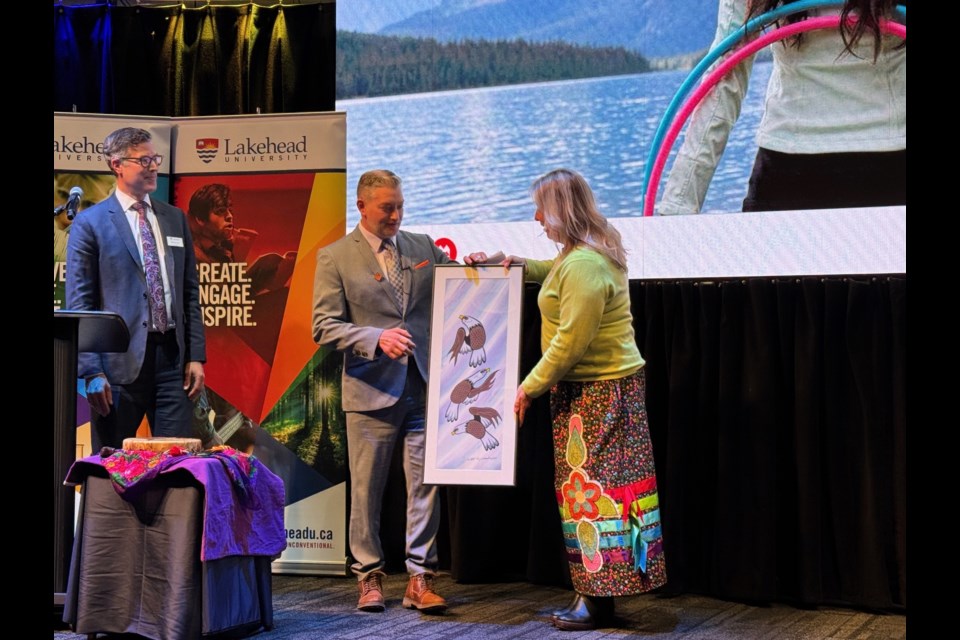 From left to right: Mike den Haan, LU's vice-president of university advancement, Dan Adams, the vice president of BMO’s Indigenous banking unit for Ontario, and Denise Baxter, LU's vice provost of Indigenous Initiatives.