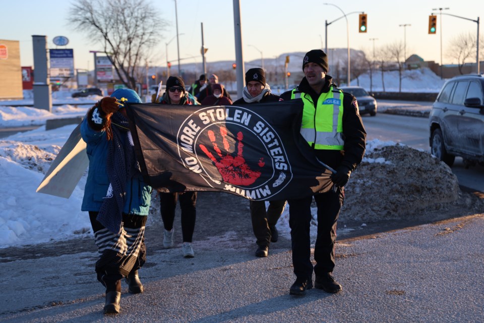 Walkers take part in the 18th annual Valentines walk for Missing and Murdered Indigenous People on Feb. 13, 2025.