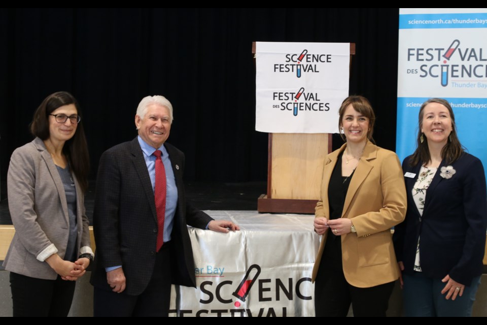 Left to right: Erin Moir, the co-executive director of EcoSuperior; Ken Boshcoff, the mayor of Thunder Bay; Ashley Larose, the CEO of Science North; and Emily Kerton, the project lead of the Northwest Expansion Project and Indigenous Initiatives for Science North, speak at the two-day Northern Ontario Youth Climate Action Summit at Westgate Collegiate Vocational Institute on Feb. 19.