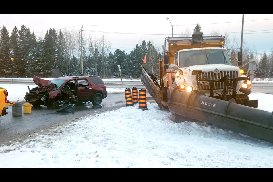 A snow plow and an SUV were involved in a collision on the morning of Thursday, Jan. 16, 2025. (Jonathan Wilson, Thunder Bay Television)