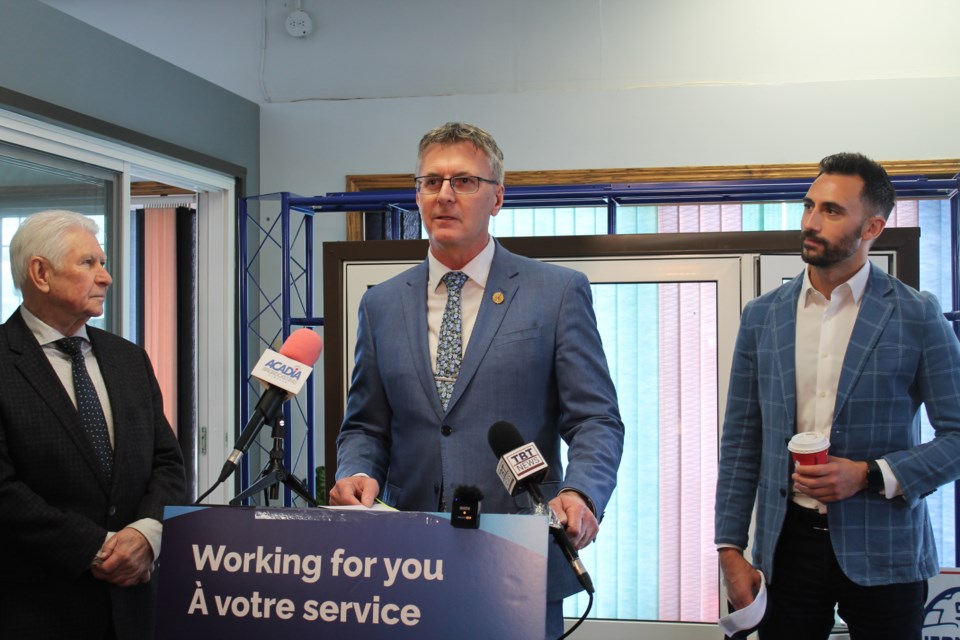 Energy minister Stephen Lecce (right) joined Thunder Bay– Atikokan MPP Kevin Holland (centre) in Thunder Bay on Jan. 24, 2024. Holland said the snap election comes down to growing concerns about President Donald J. Trump's call for a 25 per cent tariff on Canadian exports.