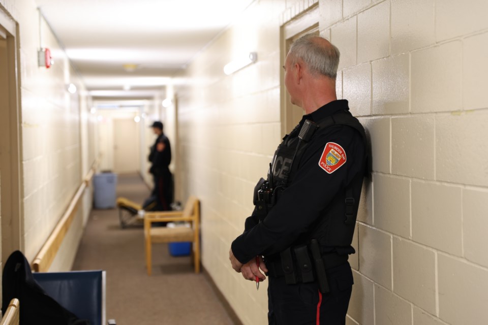 Thunder Bay police officers hold the scene of a homicide on January 16 2025.